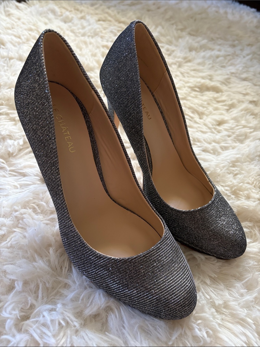 le chateau Shimmery Silver Pointed-Toe Pumps